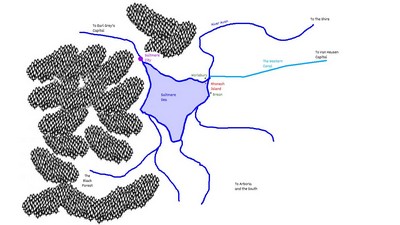 An IC map of the Saltmere Sea - it's a loose trapezoid with multiple rivers leading into and out of it, plus a canal to the east.